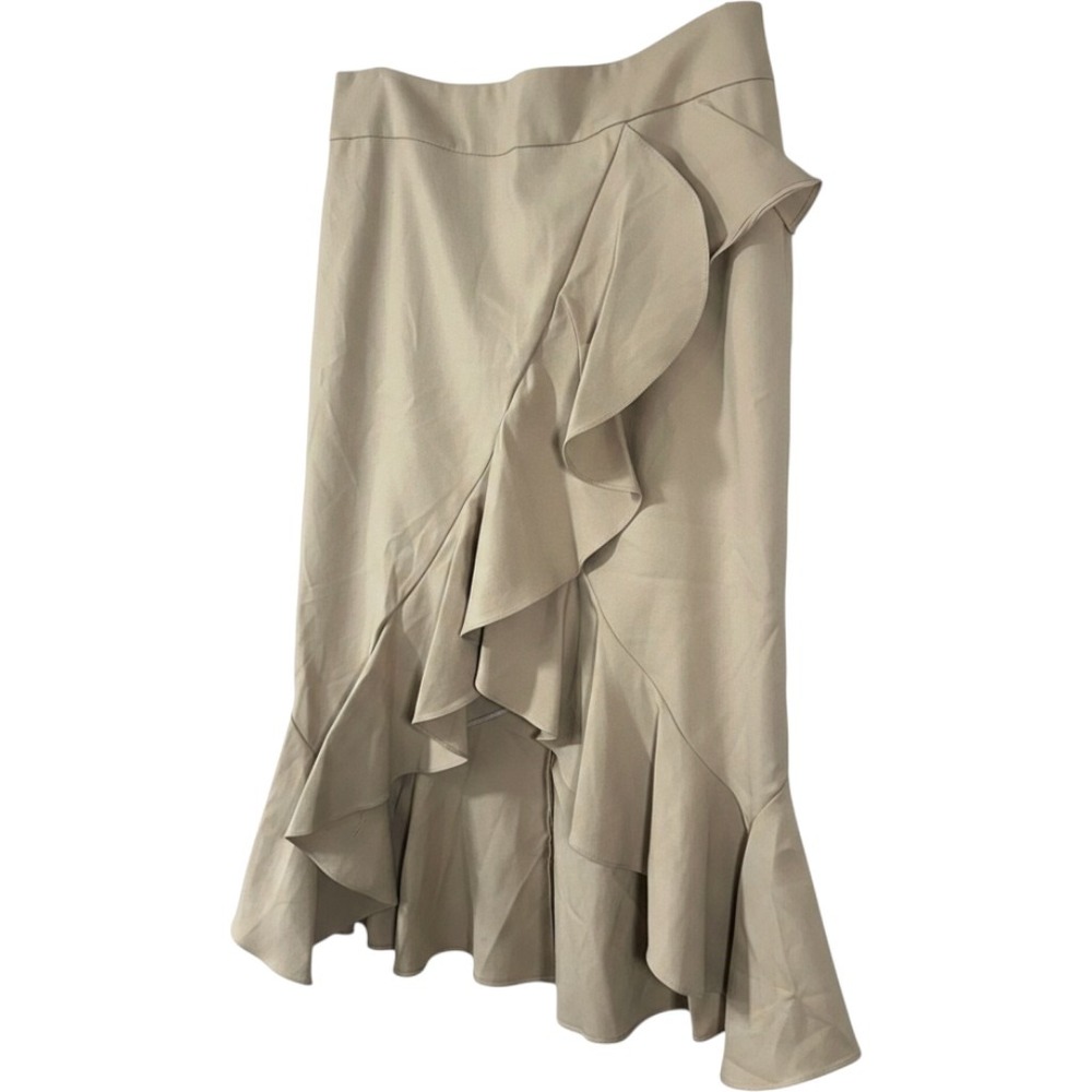 New York & Company 7th Avenue Tan Ruffle Front High Low Midi Skirt 14 NWT‎